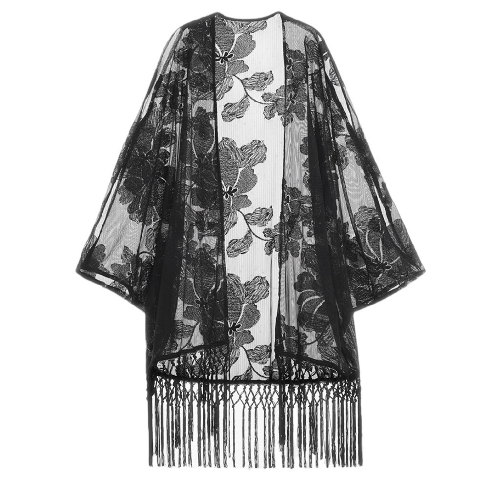 La Blanca Fringe And Roses Fringe Lace Swim Cover-Up Kimono M